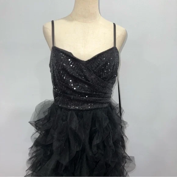 Mac Duggal Black Sequin Mini Gown With High Low Ruffle Tiered Train - Reemoly